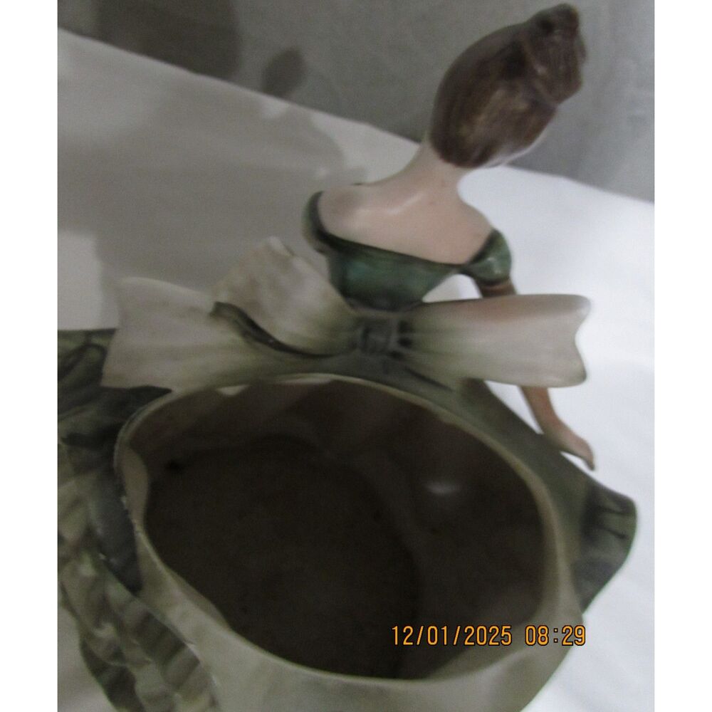 Vintage Lefton green dress lady girl planter brown hair twirling swirling flower - Picture 6 of 14